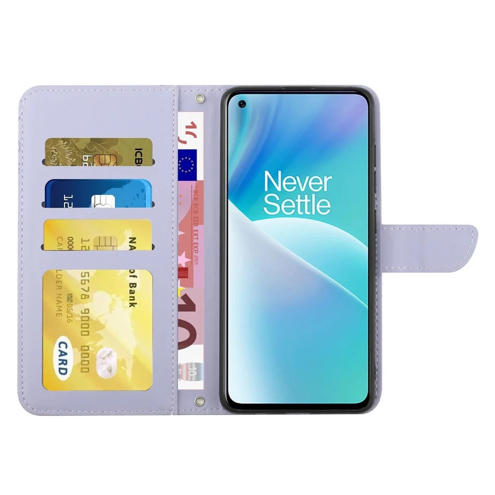For OnePlus Nord 2T 5G Butterfly Flowers Pattern Imprinted Wallet Phone Cover PU Leather Stand Case with Shoulder Strap - Light Purple - 2