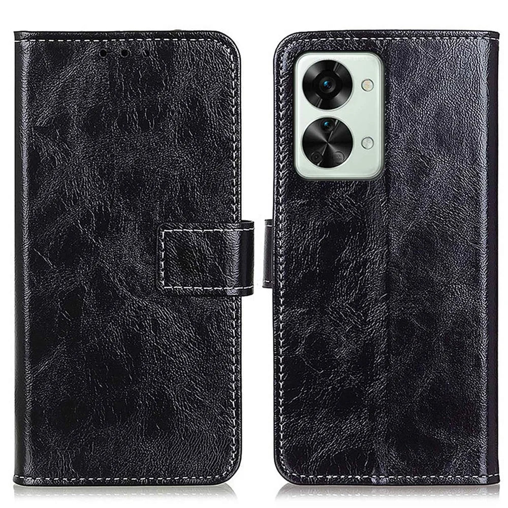 For OnePlus Nord 2T 5G Retro Crazy Horse Texture PU Leather Magnetic Flip Case TPU Protect Inner Shell Stand Wallet Protective Phone Cover - Black - 1