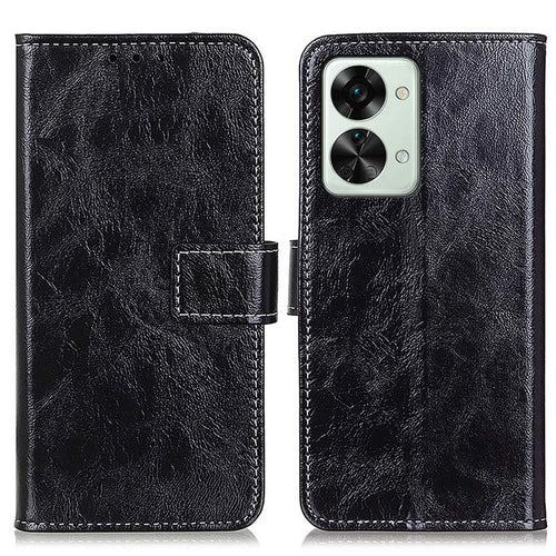 For OnePlus Nord 2T 5G Retro Crazy Horse Texture PU Leather Magnetic Flip Case TPU Protect Inner Shell Stand Wallet Protective Phone Cover - Black - 1