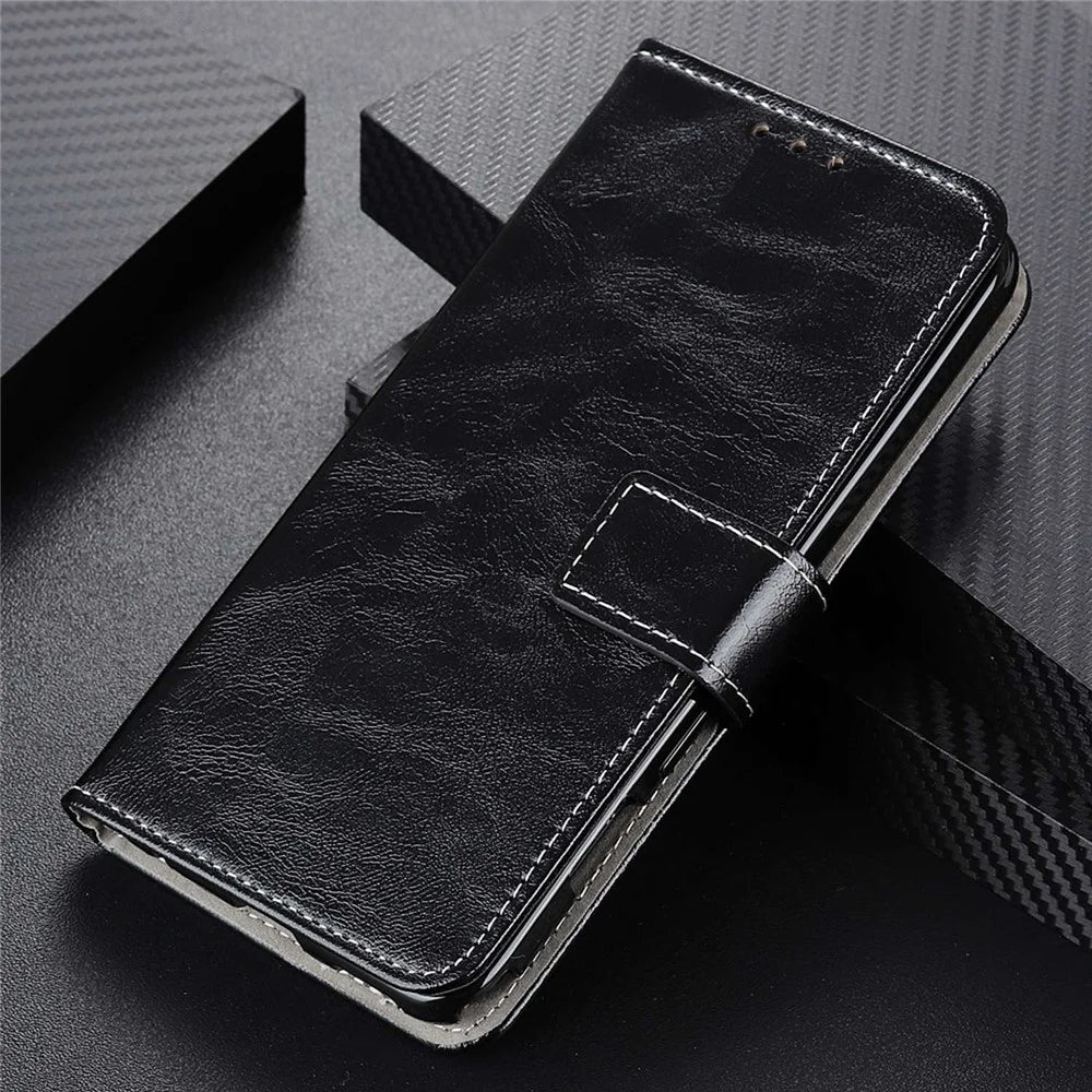 For OnePlus Nord 2T 5G Retro Crazy Horse Texture PU Leather Magnetic Flip Case TPU Protect Inner Shell Stand Wallet Protective Phone Cover - Black - 6