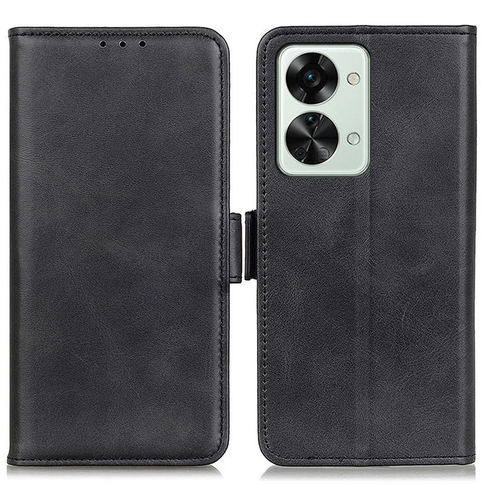 For OnePlus Nord 2T 5G Shockproof Phone Cover Textured Leather Phone Cover Flip Folio Wallet Case Dual Magnetic Clasps Protective Cellphone Shell Folding Stand Cover - Black - 1