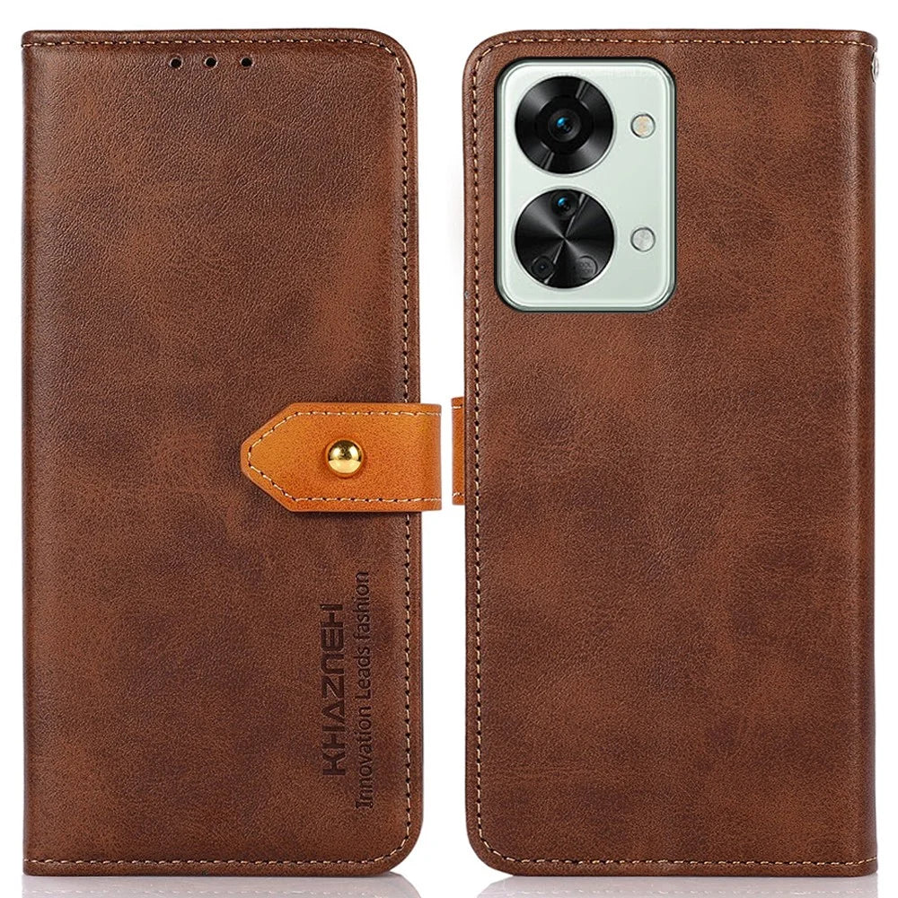 KHAZNEH Golden Magnetic Buckle Phone Cover for OnePlus Nord 2T 5G, Dual Color Stand Wallet PU Leather Case - Brown - 1
