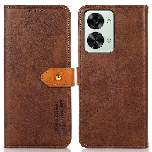 KHAZNEH Golden Magnetic Buckle Phone Cover for OnePlus Nord 2T 5G, Dual Color Stand Wallet PU Leather Case - Brown - 1