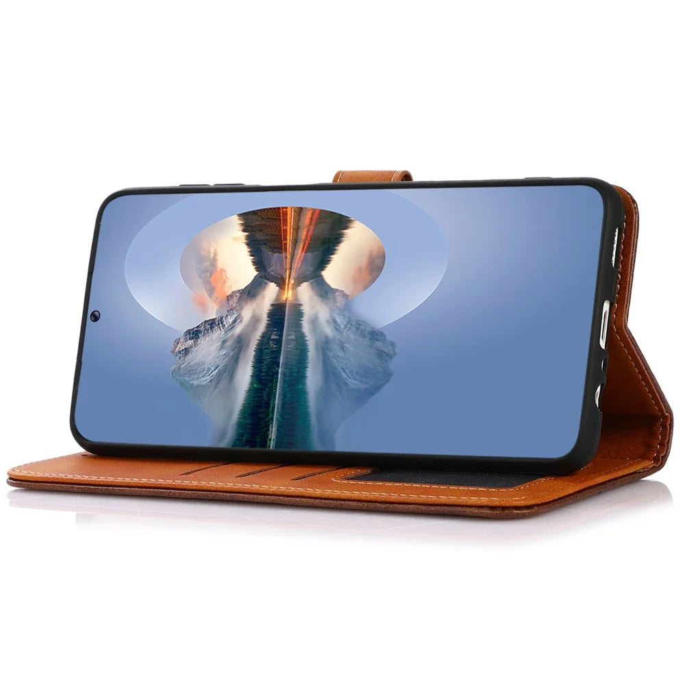 KHAZNEH Golden Magnetic Buckle Phone Cover for OnePlus Nord 2T 5G, Dual Color Stand Wallet PU Leather Case - Brown - 3