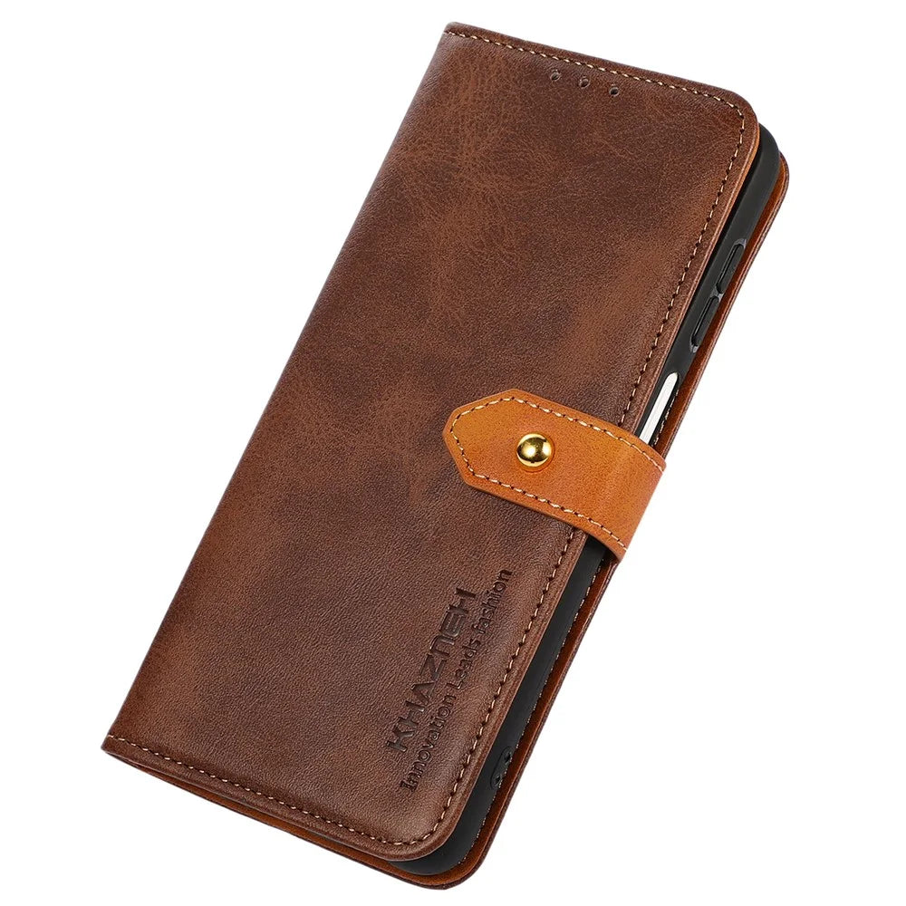 KHAZNEH Golden Magnetic Buckle Phone Cover for OnePlus Nord 2T 5G, Dual Color Stand Wallet PU Leather Case - Brown - 5