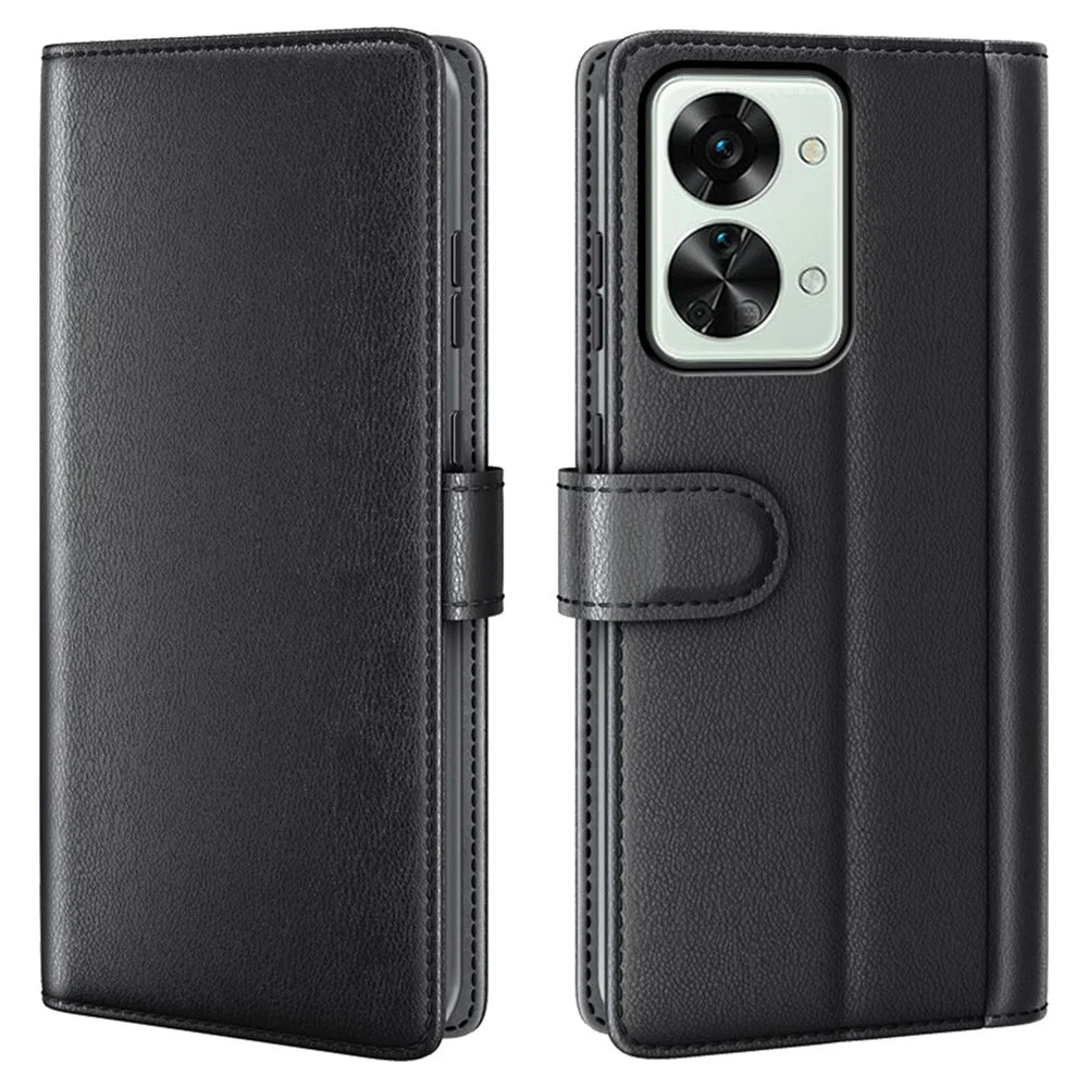 For OnePlus Nord 2T 5G Case Genuine Split Leather Phone Cover with Wallet Stand - Black - 1
