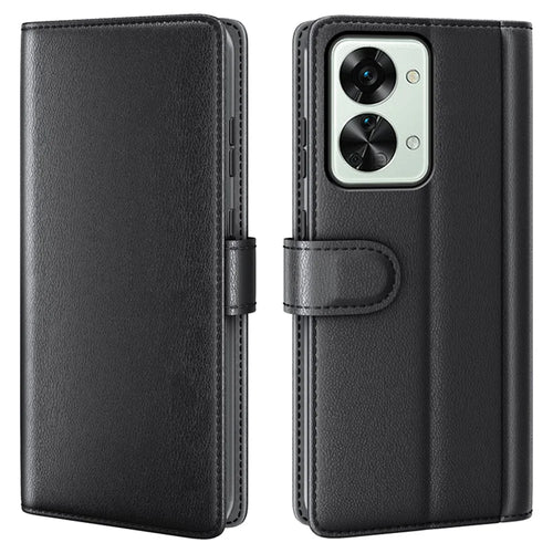 For OnePlus Nord 2T 5G Case Genuine Split Leather Phone Cover with Wallet Stand - Black - 1