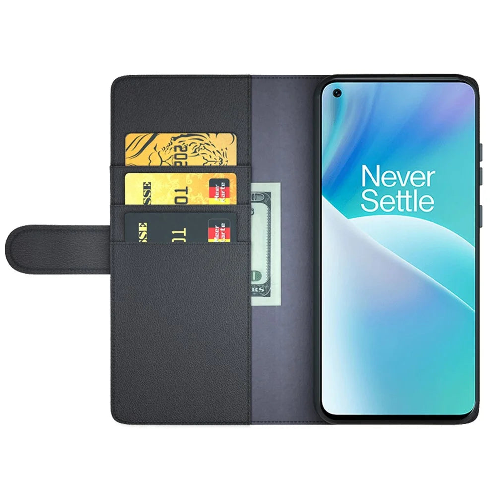 For OnePlus Nord 2T 5G Case Genuine Split Leather Phone Cover with Wallet Stand - Black - 2