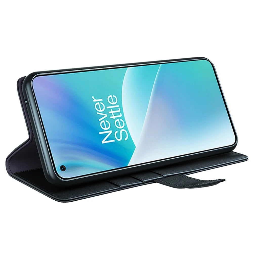 For OnePlus Nord 2T 5G Case Genuine Split Leather Phone Cover with Wallet Stand - Black - 3