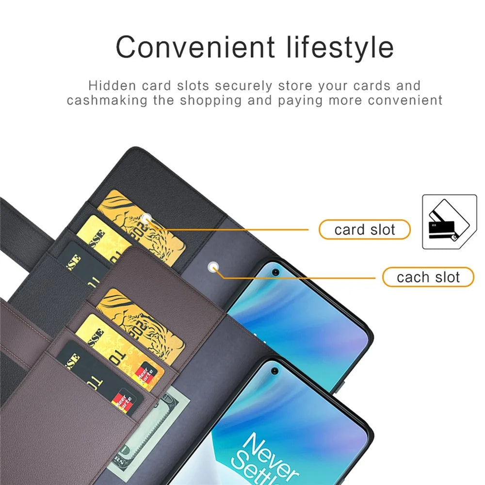 For OnePlus Nord 2T 5G Case Genuine Split Leather Phone Cover with Wallet Stand - Black - 4