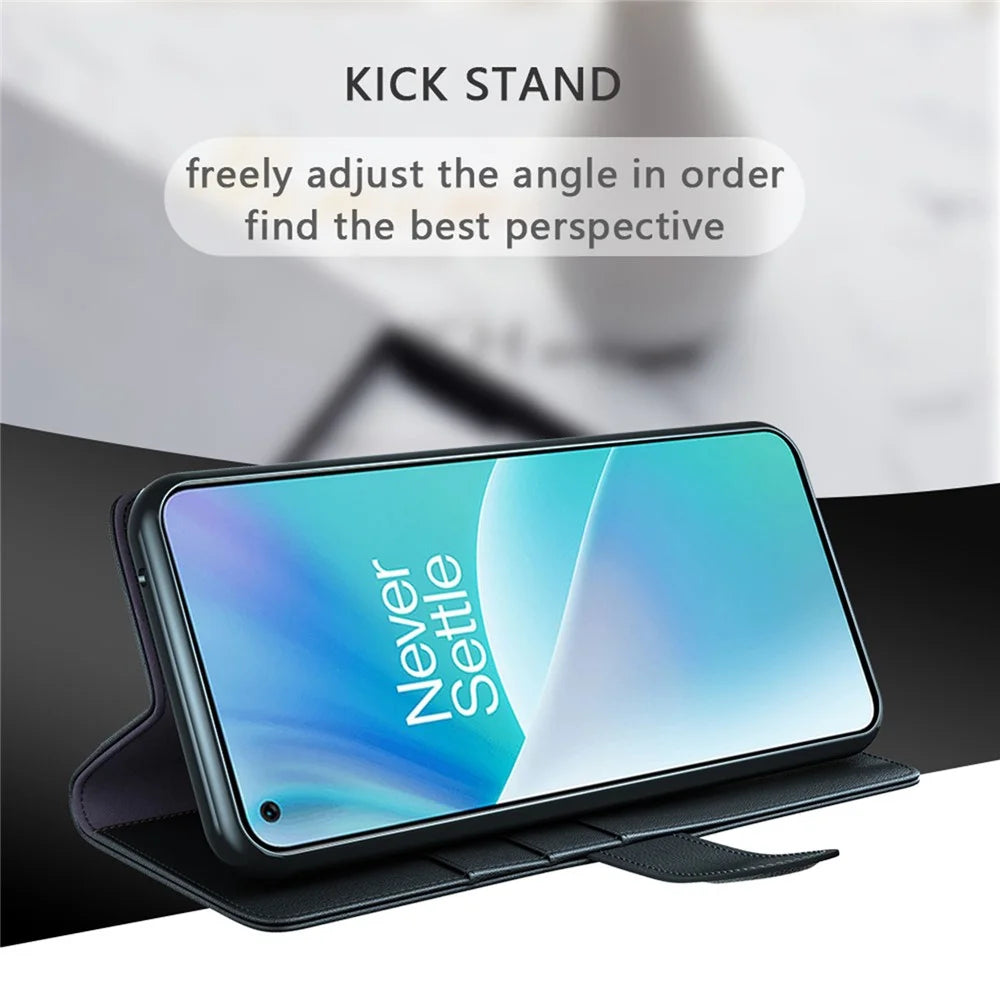 For OnePlus Nord 2T 5G Case Genuine Split Leather Phone Cover with Wallet Stand - Black - 5