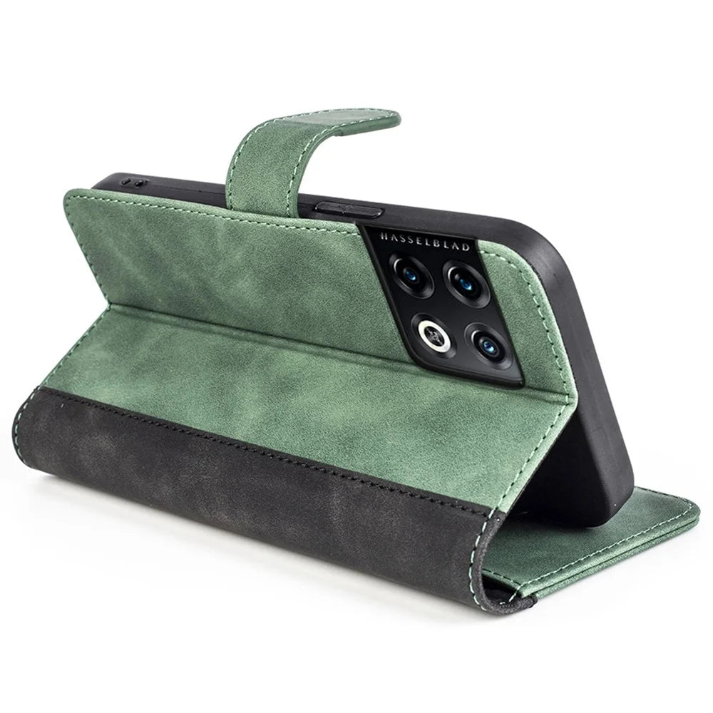 For OnePlus 10 Pro Anti-drop Shockproof Phone Protective Cover Flip Leather Case Color Splicing Stand Wallet Smartphone Shell Card Holder - Green - 3