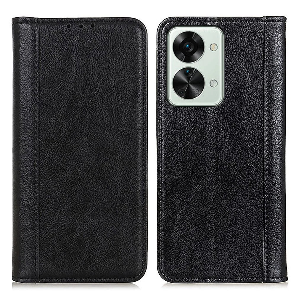 For OnePlus Nord 2T 5G Litchi Texture Split Leather Cover Stand Hidden Magnetic Adsorption Shockproof Flip Wallet Case - Black - 1