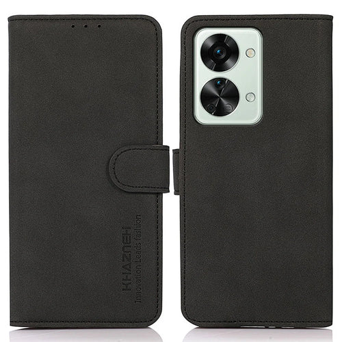 KHAZNEH for OnePlus Nord 2T 5G Magnetic Textured PU Leather Stand Case TPU Interior Protective Shell Folio Flip Wallet Cover - Black - 1