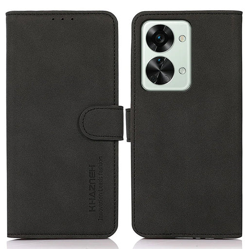 KHAZNEH for OnePlus Nord 2T 5G Magnetic Textured PU Leather Stand Case TPU Interior Protective Shell Folio Flip Wallet Cover - Black - 1