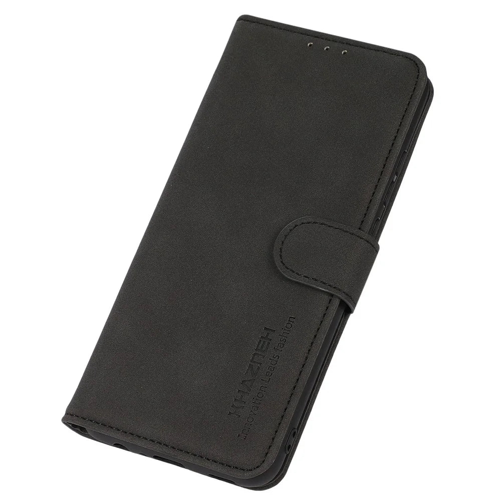 KHAZNEH for OnePlus Nord 2T 5G Magnetic Textured PU Leather Stand Case TPU Interior Protective Shell Folio Flip Wallet Cover - Black - 5