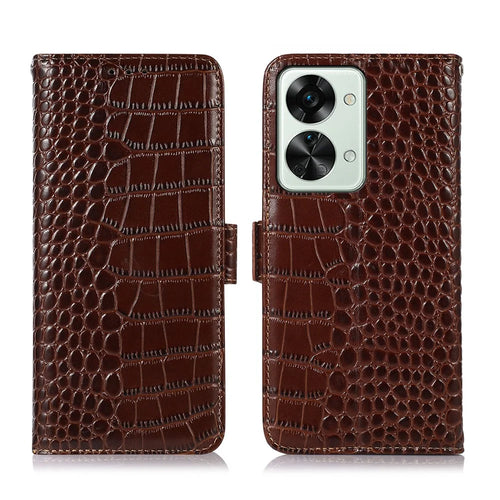 For OnePlus Nord 2T 5G Genuine Cowhide Leather Folio Flip Cover Shell Crocodile Texture RFID Blocking Stand Magnetic Closure Wallet Case - Brown - 1