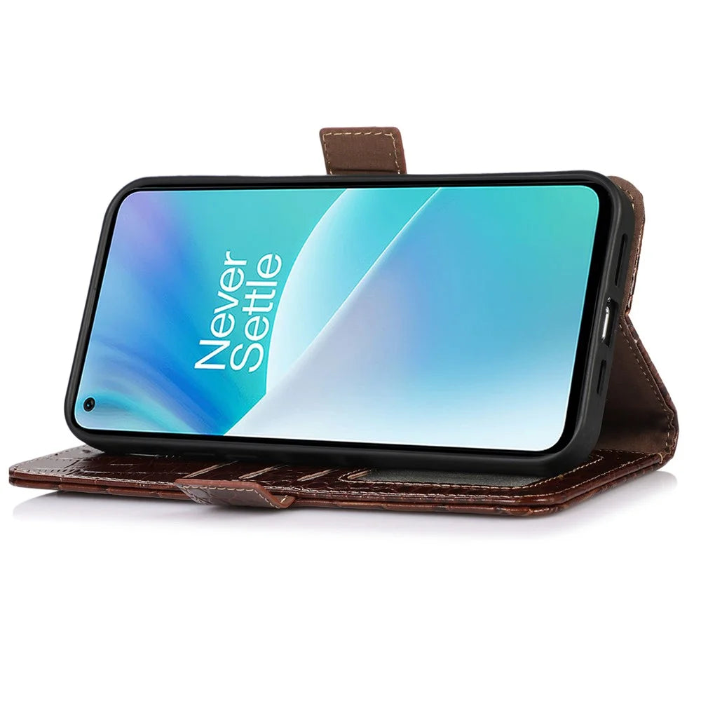 For OnePlus Nord 2T 5G Genuine Cowhide Leather Folio Flip Cover Shell Crocodile Texture RFID Blocking Stand Magnetic Closure Wallet Case - Brown - 2