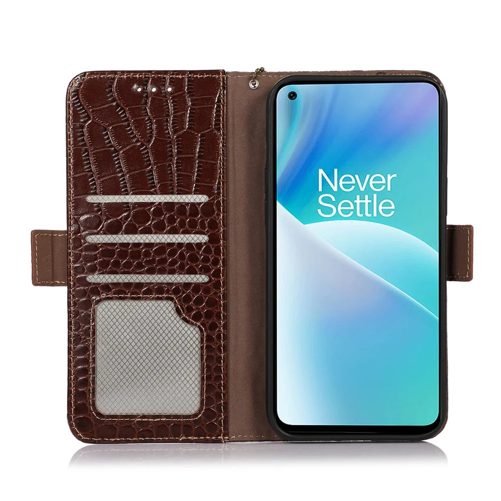 For OnePlus Nord 2T 5G Genuine Cowhide Leather Folio Flip Cover Shell Crocodile Texture RFID Blocking Stand Magnetic Closure Wallet Case - Brown - 3