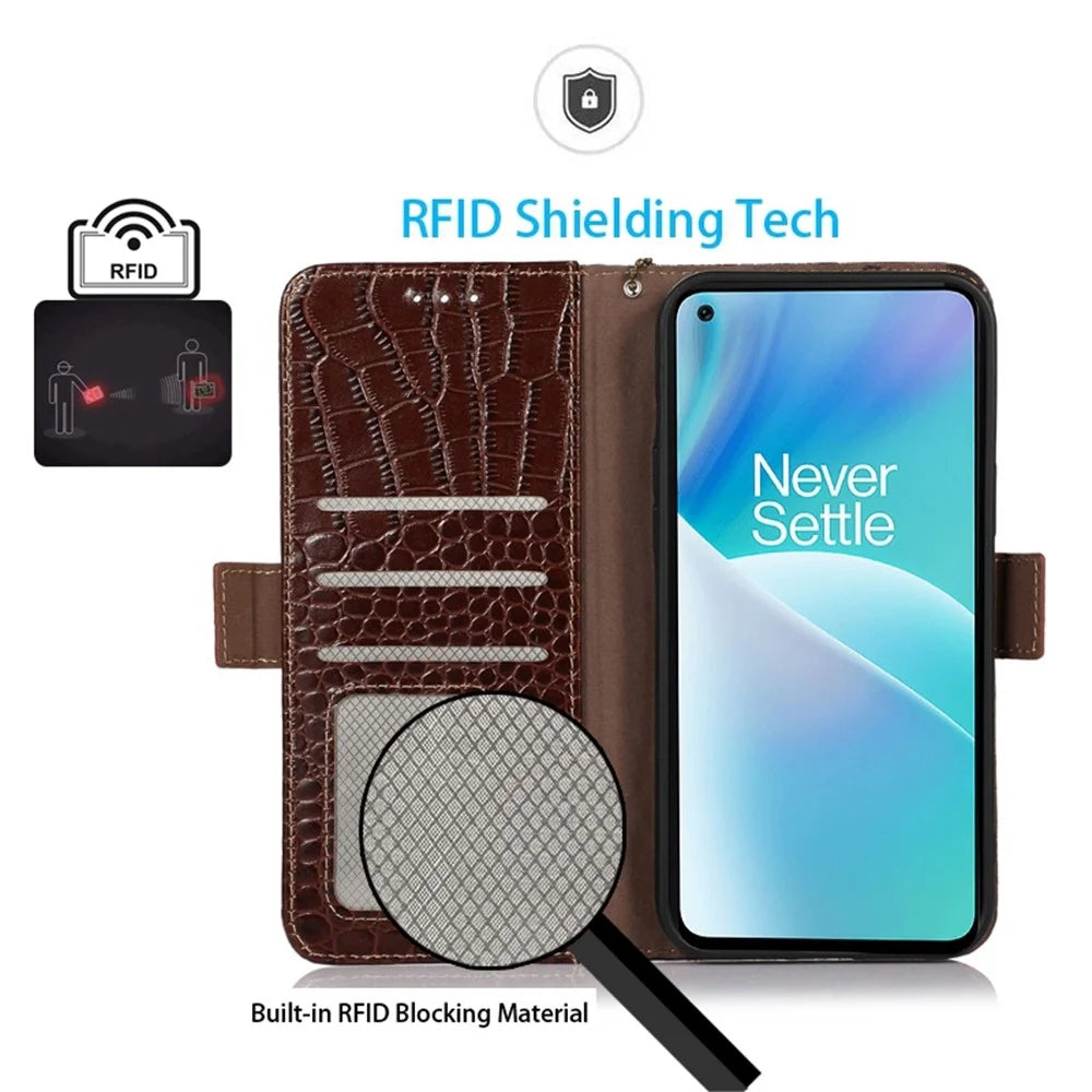For OnePlus Nord 2T 5G Genuine Cowhide Leather Folio Flip Cover Shell Crocodile Texture RFID Blocking Stand Magnetic Closure Wallet Case - Brown - 4