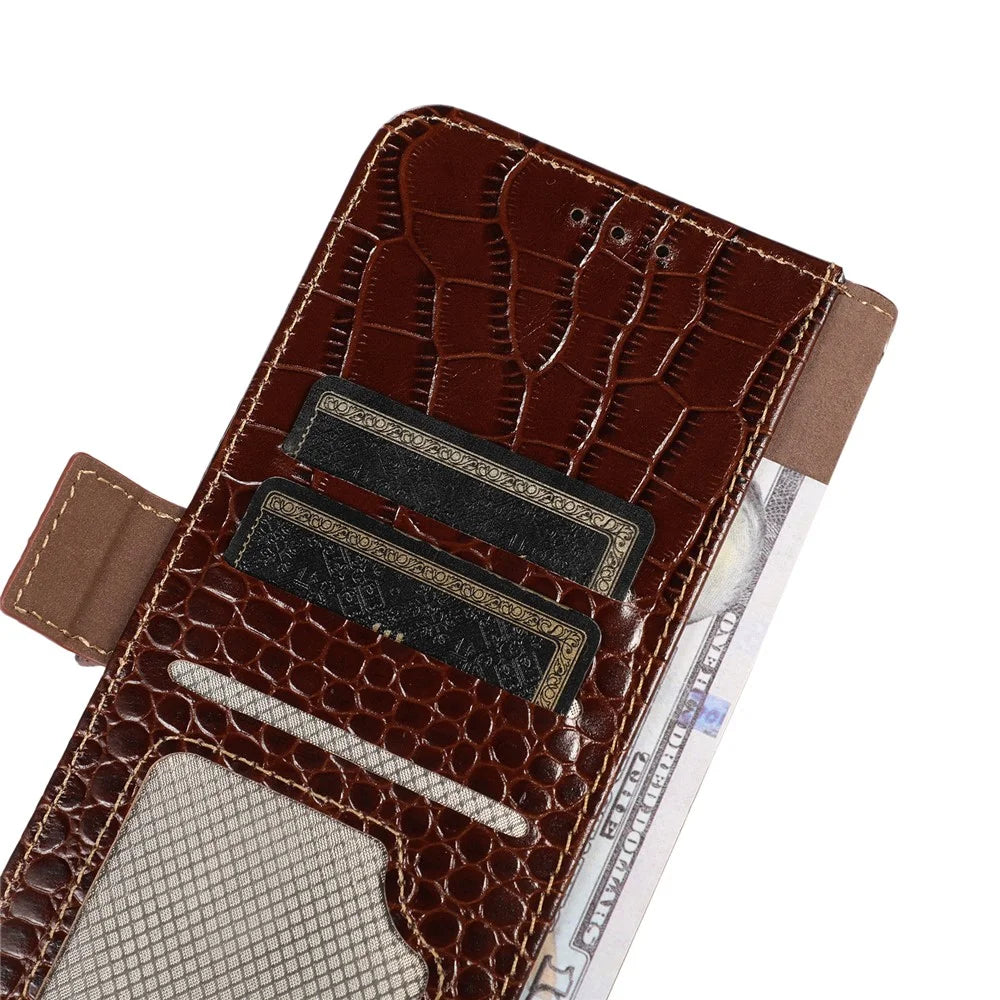 For OnePlus Nord 2T 5G Genuine Cowhide Leather Folio Flip Cover Shell Crocodile Texture RFID Blocking Stand Magnetic Closure Wallet Case - Brown - 5