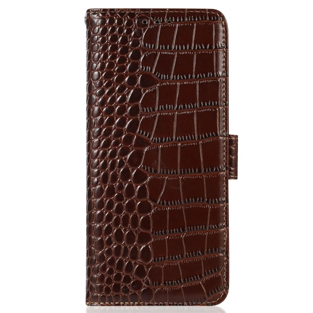 For OnePlus Nord 2T 5G Genuine Cowhide Leather Folio Flip Cover Shell Crocodile Texture RFID Blocking Stand Magnetic Closure Wallet Case - Brown - 7