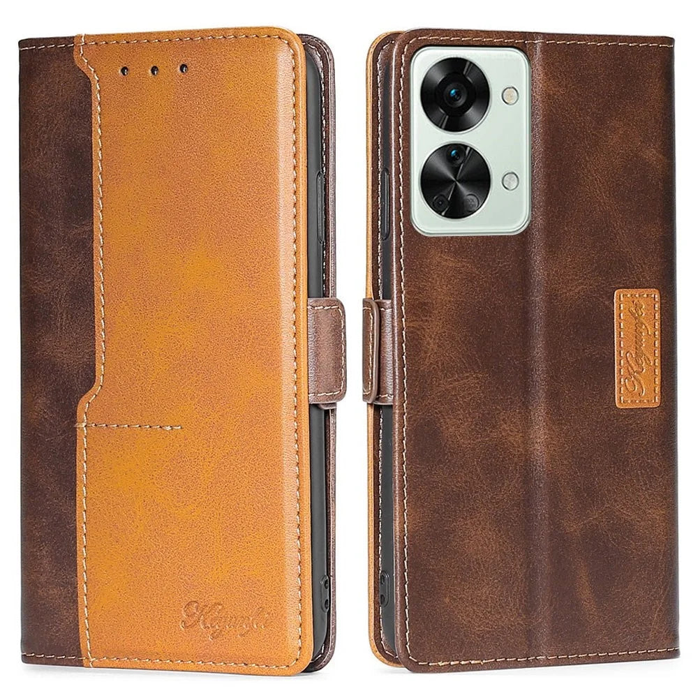 For OnePlus Nord 2T 5G Contrast Color Splicing PU Leather Case Wallet Stand Anti-drop Protection Phone Cover - Dark Brown/Gold - 1