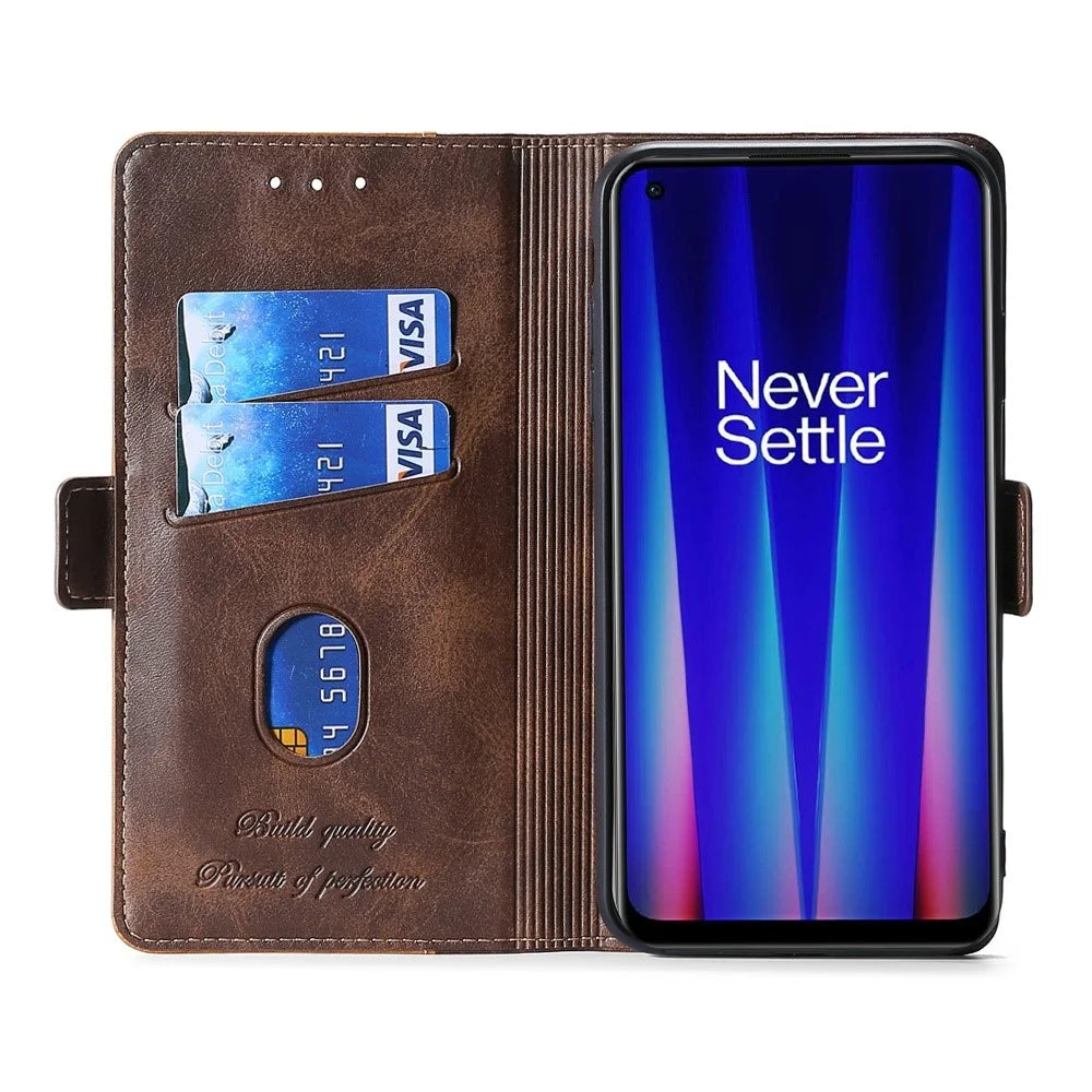 For OnePlus Nord 2T 5G Contrast Color Splicing PU Leather Case Wallet Stand Anti-drop Protection Phone Cover - Dark Brown/Gold - 2