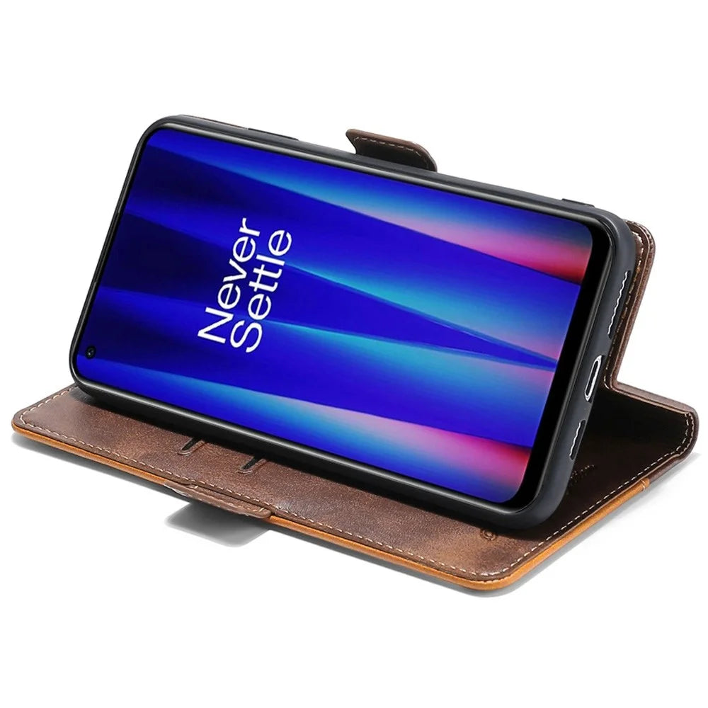 For OnePlus Nord 2T 5G Contrast Color Splicing PU Leather Case Wallet Stand Anti-drop Protection Phone Cover - Dark Brown/Gold - 3
