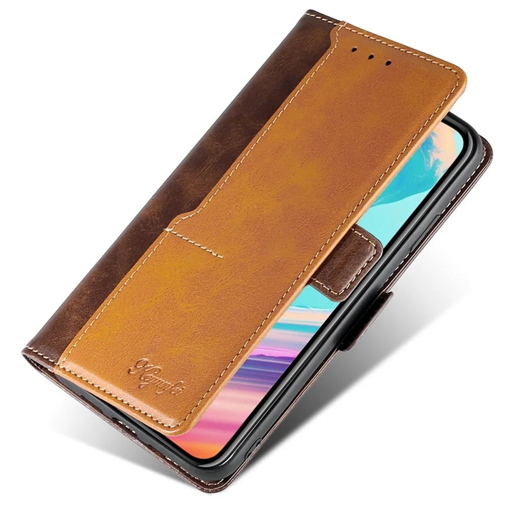 For OnePlus Nord 2T 5G Contrast Color Splicing PU Leather Case Wallet Stand Anti-drop Protection Phone Cover - Dark Brown/Gold - 4