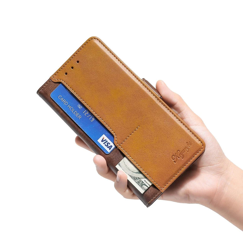 For OnePlus Nord 2T 5G Contrast Color Splicing PU Leather Case Wallet Stand Anti-drop Protection Phone Cover - Dark Brown/Gold - 5