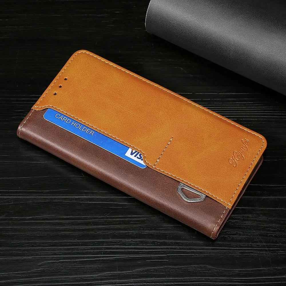 For OnePlus Nord 2T 5G Contrast Color Splicing PU Leather Case Wallet Stand Anti-drop Protection Phone Cover - Dark Brown/Gold - 6