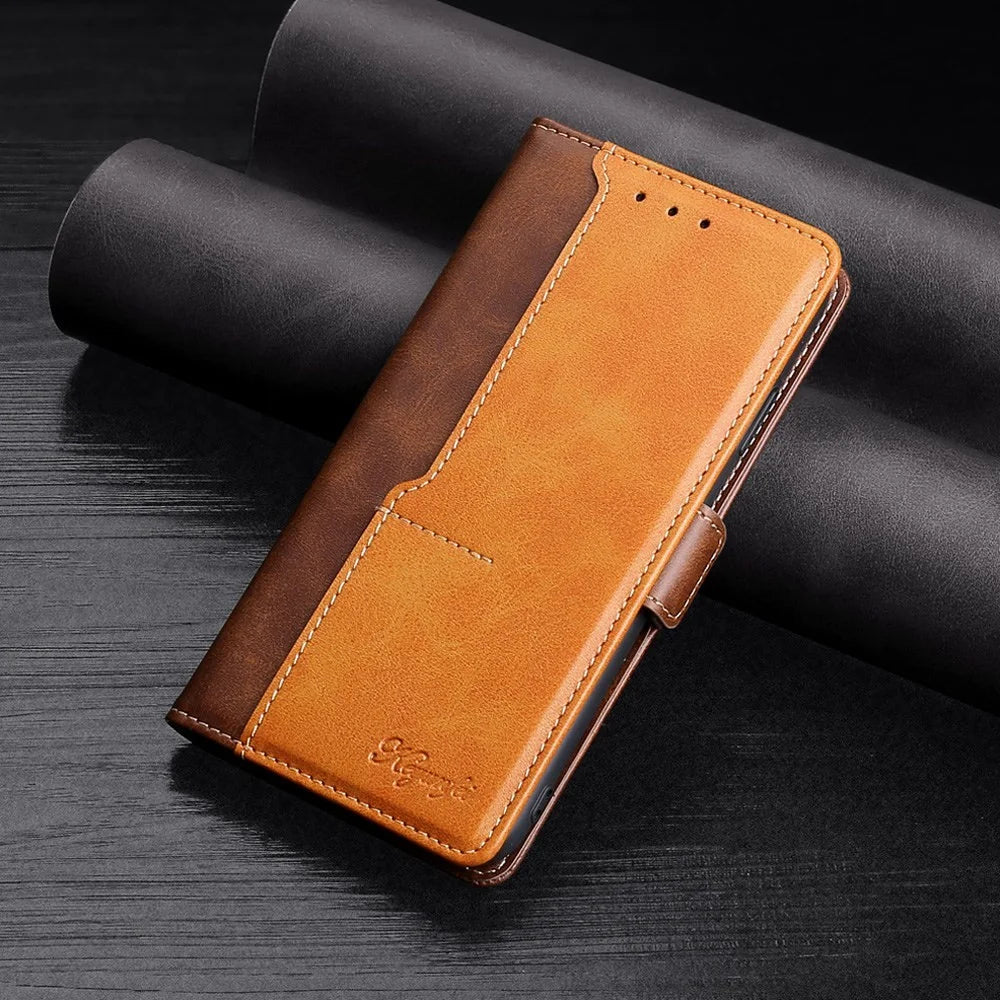 For OnePlus Nord 2T 5G Contrast Color Splicing PU Leather Case Wallet Stand Anti-drop Protection Phone Cover - Dark Brown/Gold - 7