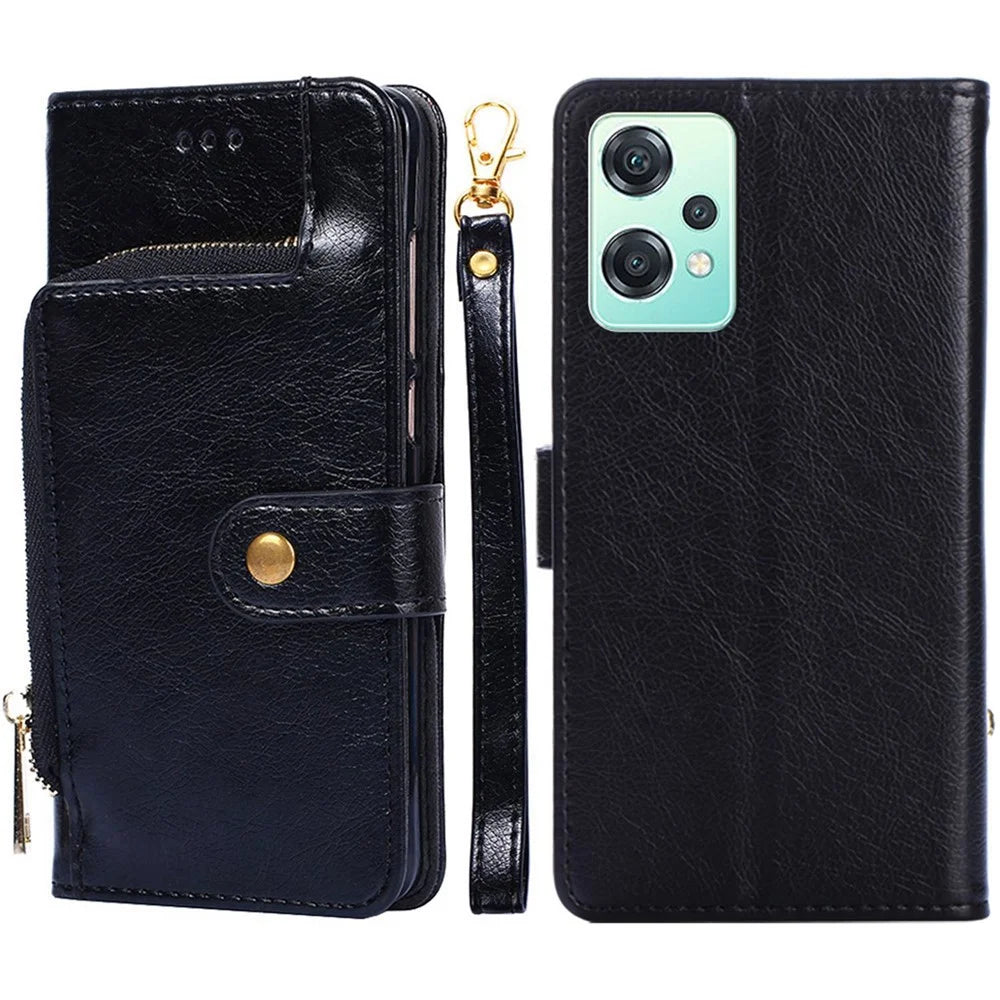 Zipper Pocket Phone Case for OnePlus Nord CE 2 Lite 5G, PU Leather Foldable Stand Cell Phone Cover with Wallet - Black - 1