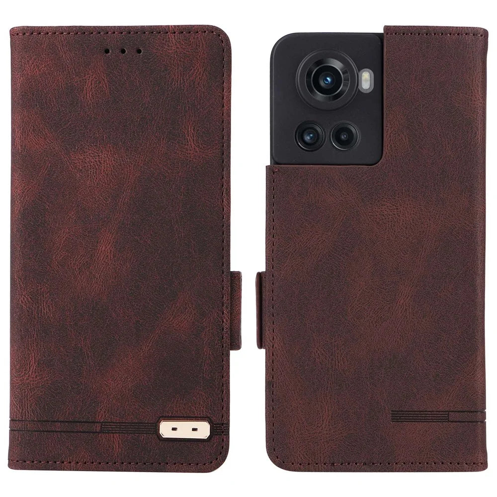 For OnePlus 10R 5G/Ace 5G Hardware Design PU Leather Wallet Stand Case Folio Flip Phone Cover - Coffee - 1