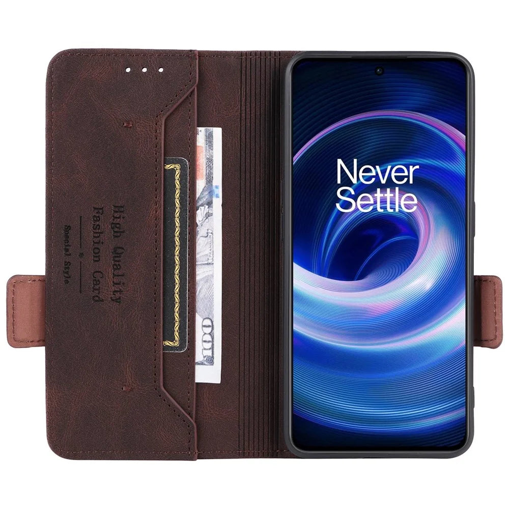 For OnePlus 10R 5G/Ace 5G Hardware Design PU Leather Wallet Stand Case Folio Flip Phone Cover - Coffee - 2