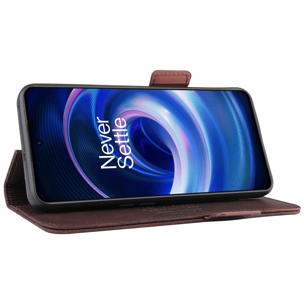 For OnePlus 10R 5G/Ace 5G Hardware Design PU Leather Wallet Stand Case Folio Flip Phone Cover - Coffee - 3