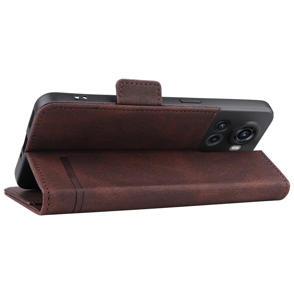 For OnePlus 10R 5G/Ace 5G Hardware Design PU Leather Wallet Stand Case Folio Flip Phone Cover - Coffee - 4