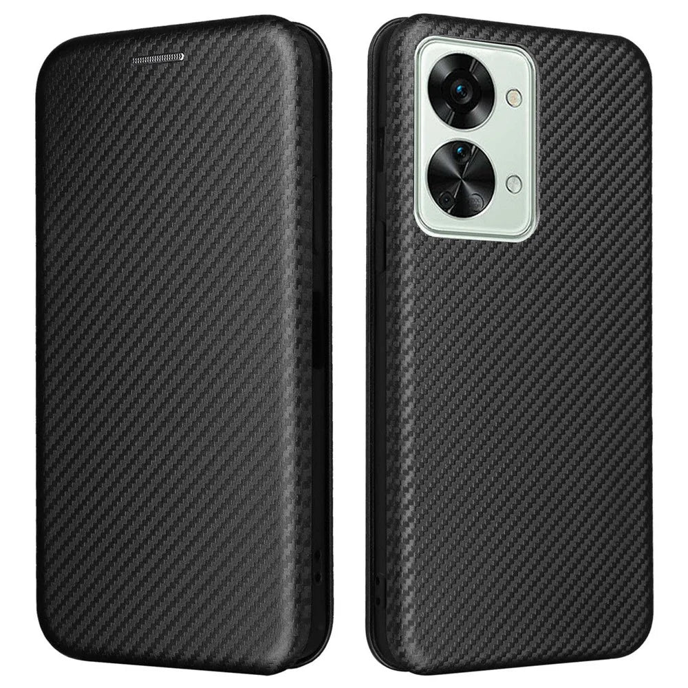 For OnePlus Nord 2T 5G Magnetic Auto-absorbed Anti-wear Carbon Fiber Texture Case PU Leather Stand Card Holder Function Shell - Black - 1