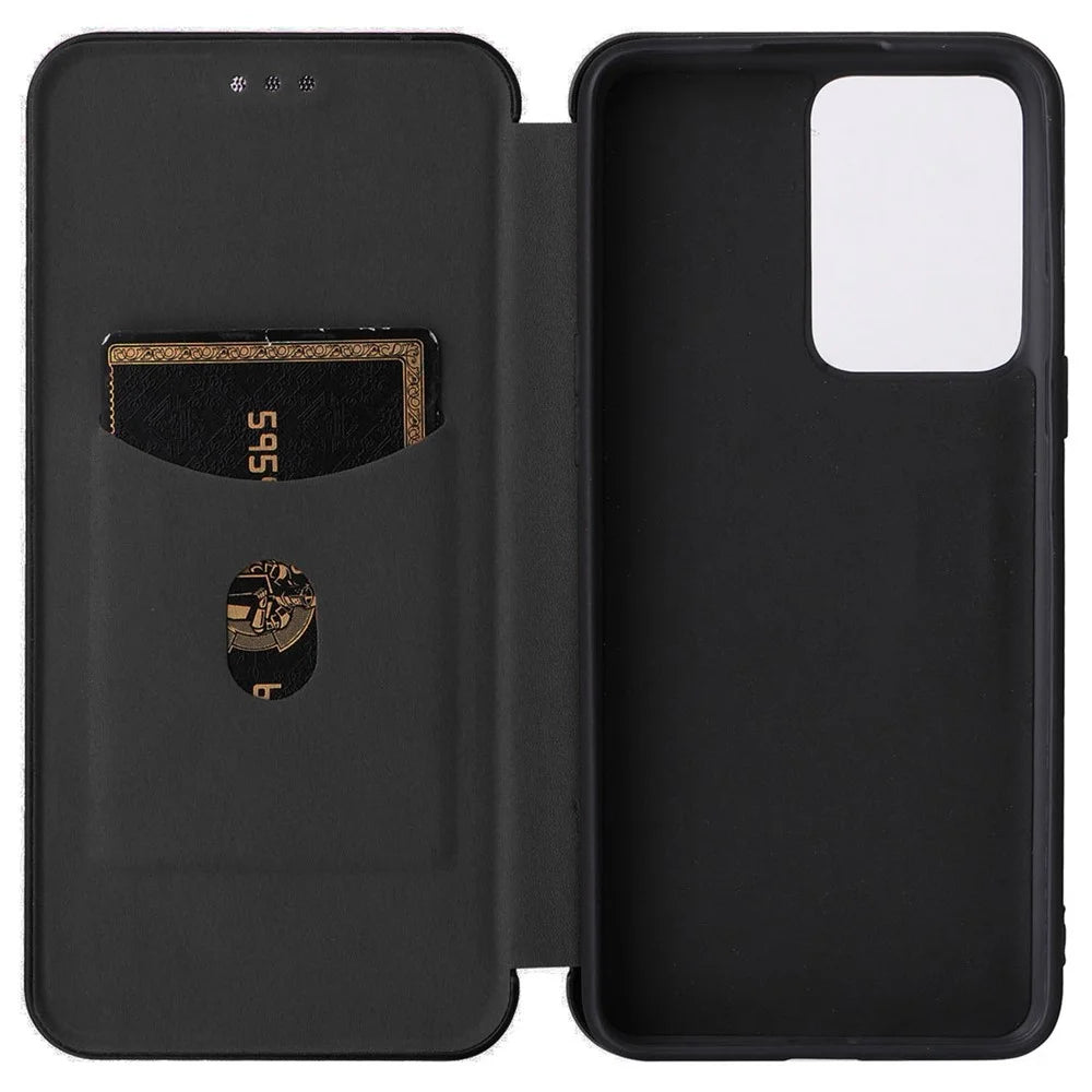 For OnePlus Nord 2T 5G Magnetic Auto-absorbed Anti-wear Carbon Fiber Texture Case PU Leather Stand Card Holder Function Shell - Black - 2
