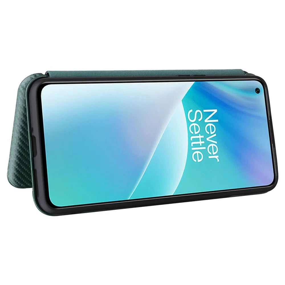 For OnePlus Nord 2T 5G Magnetic Auto-absorbed Anti-wear Carbon Fiber Texture Case PU Leather Stand Card Holder Function Shell - Black - 3