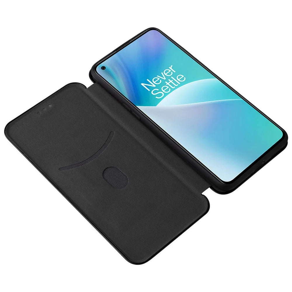 For OnePlus Nord 2T 5G Magnetic Auto-absorbed Anti-wear Carbon Fiber Texture Case PU Leather Stand Card Holder Function Shell - Black - 4