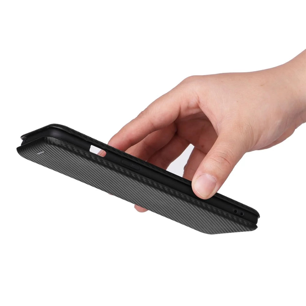 For OnePlus Nord 2T 5G Magnetic Auto-absorbed Anti-wear Carbon Fiber Texture Case PU Leather Stand Card Holder Function Shell - Black - 6