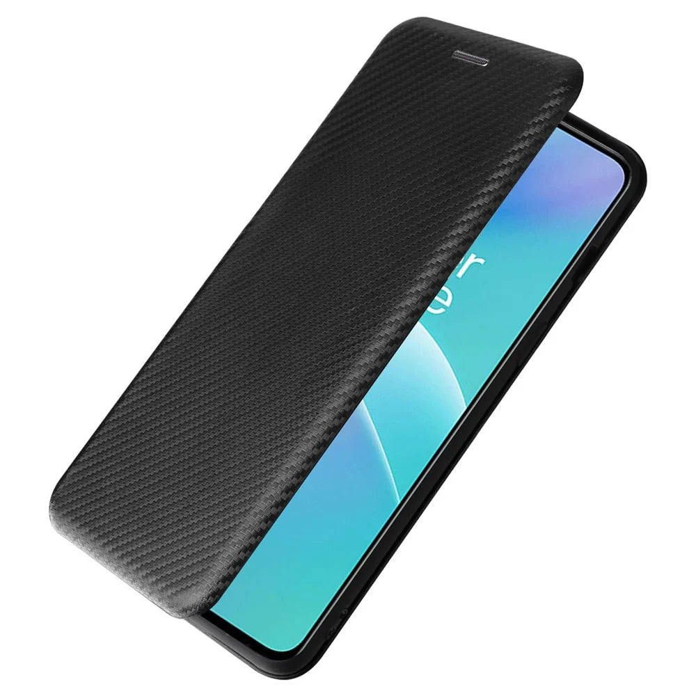 For OnePlus Nord 2T 5G Magnetic Auto-absorbed Anti-wear Carbon Fiber Texture Case PU Leather Stand Card Holder Function Shell - Black - 7