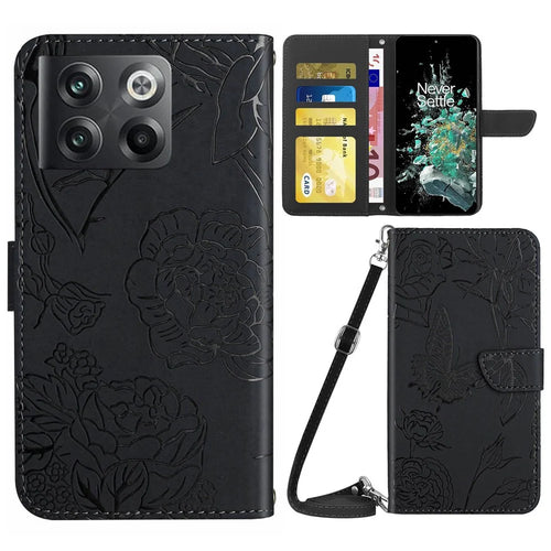 For OnePlus 10T 5G / Ace Pro 5G Skin-touch Magnetic Leather Folio Flip Cover Butterfly Flowers Imprinting Stand Wallet Case with Shoulder Strap - Black - 1