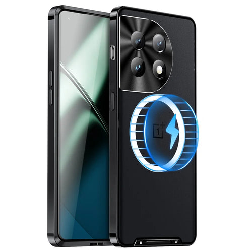 For OnePlus 11 5G Magnetic Phone Case Electroplating Metal Edge Matte Phone Cover with Lens Protection - Black - 1