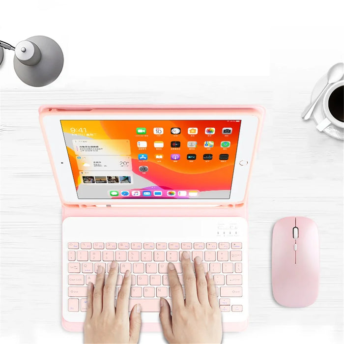 For iPad 10.2 (2021) / (2020) / (2019) Wireless Bluetooth-compatible Keyboard + Candy Color Leather Case - Pink - 4