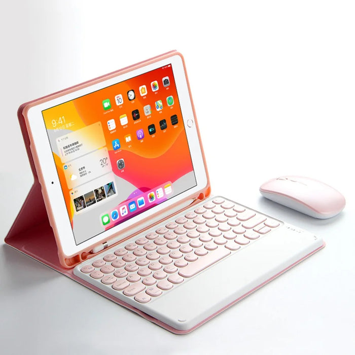 For iPad Air (2013) / Air 2 / 9.7-inch (2017) / 9.7-inch (2018) Wireless Bluetooth-compatible Keyboard + Candy Color Leather Case - Pink - 5