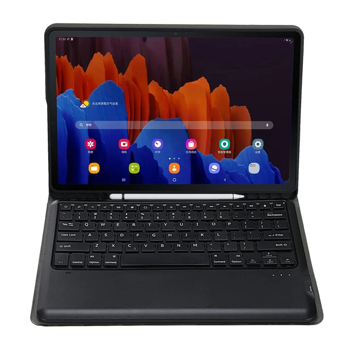 A970B Leather Case Bluetooth-compatible Keyboard with Built-In Pen Slot for Samsung Galaxy Tab S8+ / S7 FE T730 T736 / S7+ 12.4 Inch (T970 / T975 2020) - Black - 2