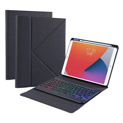 B09S Leather Cover Shell + Wireless Bluetooth-compatible Keyboard Combo Set with Colorful Backlight for iPad 10.2 (2021)/(2020)/(2019)/Pro 10.5-inch (2017)/Air 10.5 inch (2019) - Black - 1